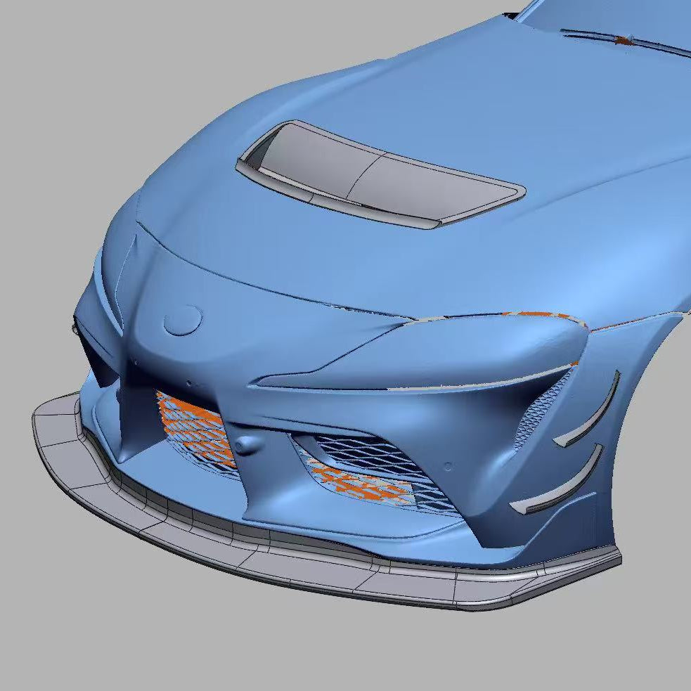 Engineering visualization showing the GT4+ splitter lit and hood vent position on a Toyota GR Supra A90