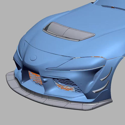 Engineering visualization showing the GT4+ splitter lit and hood vent position on a Toyota GR Supra A90