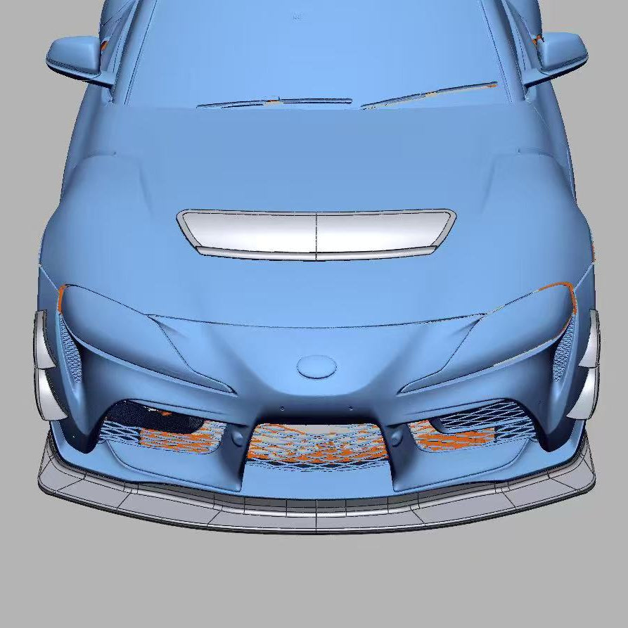 Front CAD rendering of a Toyota GR Supra A90 with GT4+ hood vent, splitter and four-piece canards