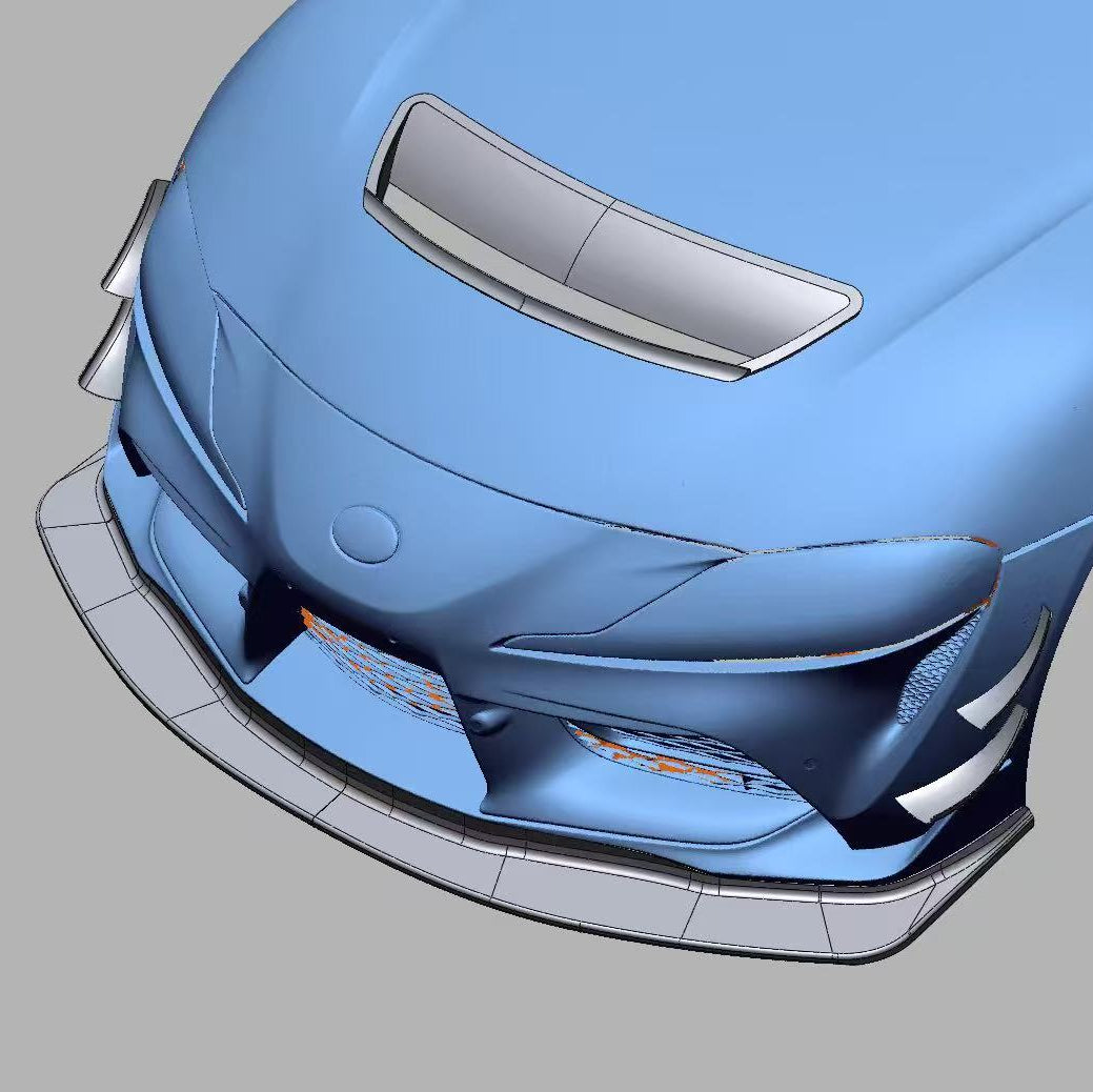 Top-view CAD rendering of the Toyota GR Supra GT4+ hood vent and four-piece front canards