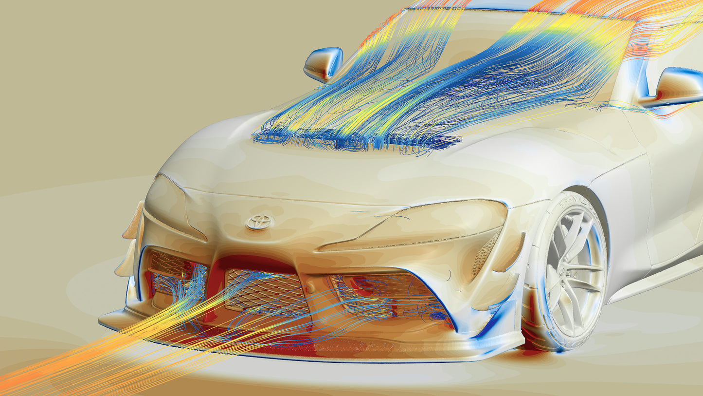 Full-vehicle CFD airflow visualization around the GT4+ hood vent on a Toyota GR Supra