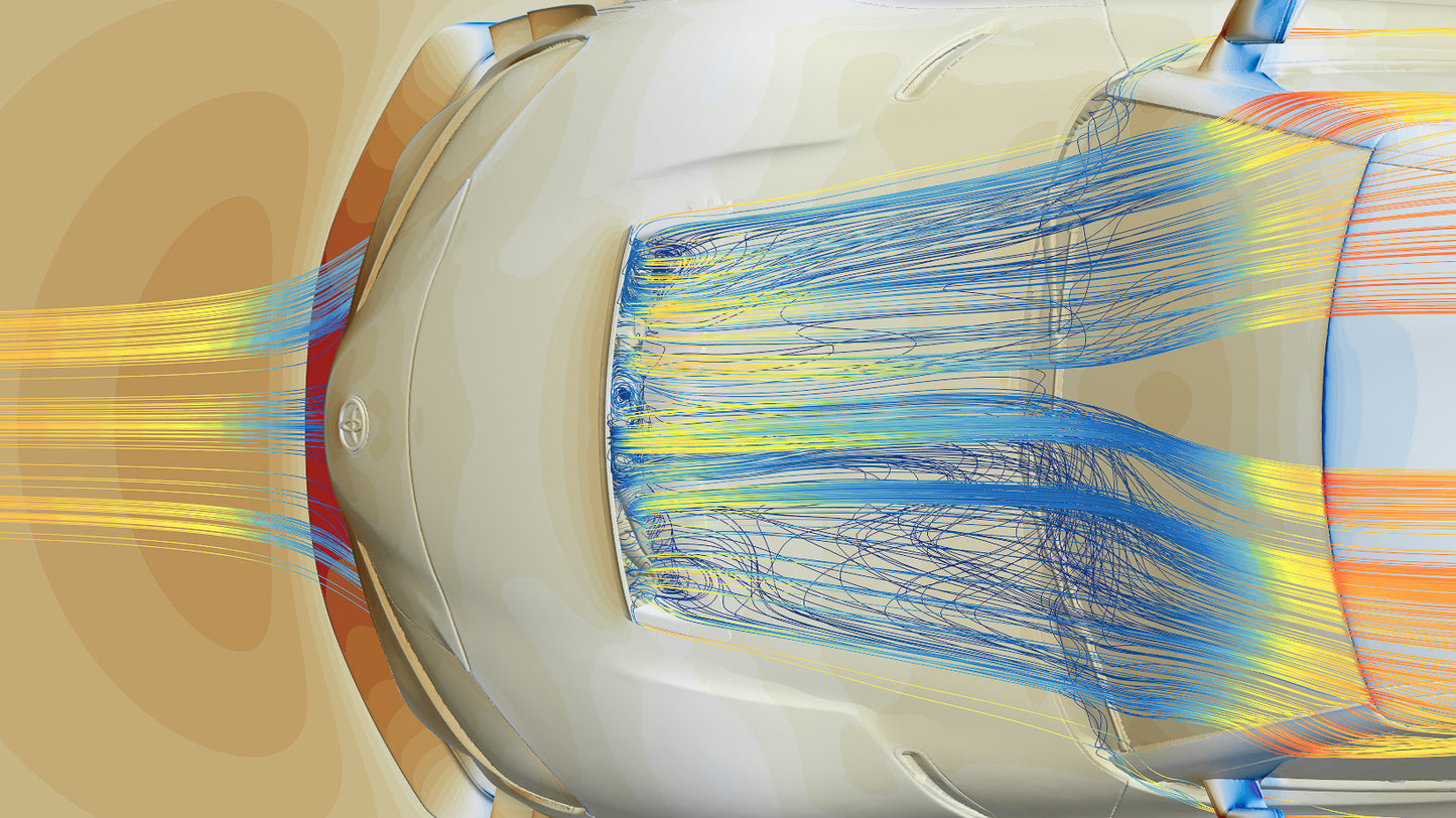 Top-view CFD streamlines passing across the GT4+ hood vent on a Toyota GR Supra