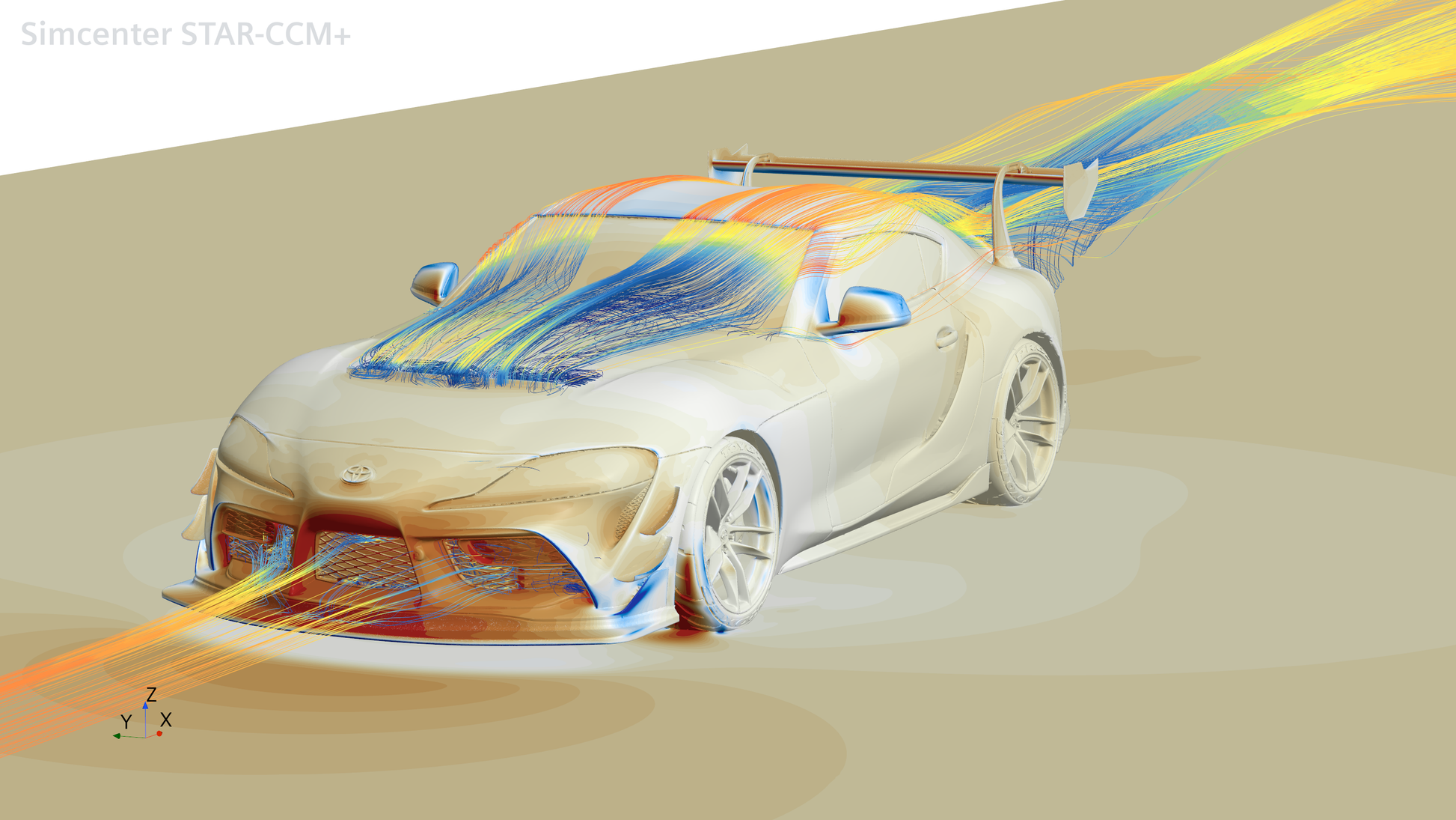 CFD airflow visualization of the Toyota GR Supra GT4+ front lip, tunneled splitter, canards, hood vent and complete vehicle aero package