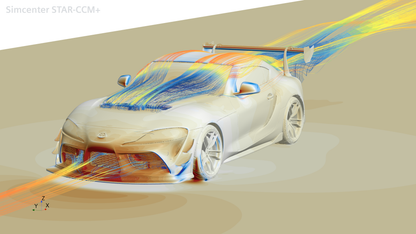 CFD airflow visualization of the Toyota GR Supra GT4+ front lip, tunneled splitter, canards, hood vent and complete vehicle aero package