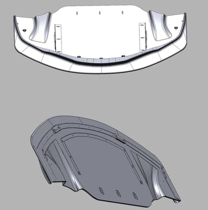Top and underside CAD rendering of the Toyota GR Supra GT4+ splitter with its integrated molded diffuser tunnel