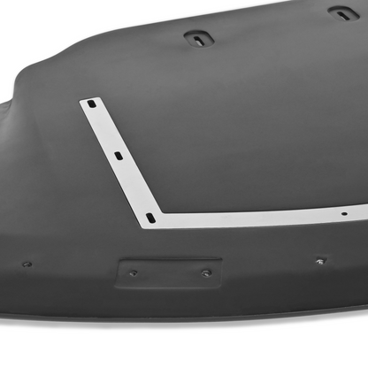 Underside mounting detail of the Toyota GR Supra GT4+ tunneled front splitter and structural support hardware
