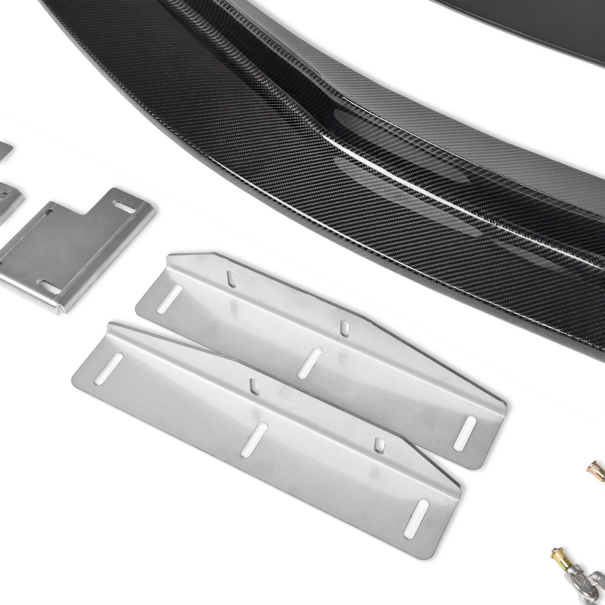 Toyota GR Supra GT4+ carbon front lip and splitter with titanium and aluminum skid blocks and mounting hardware