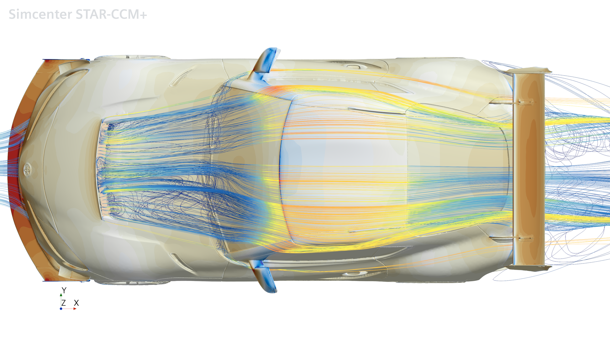 Top-view CFD streamlines across a Toyota GR Supra with GT4+ front splitter, canards, hood vent and rear wing