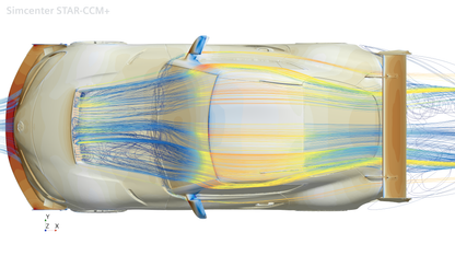 Top-view CFD streamlines across a Toyota GR Supra with GT4+ front splitter, canards, hood vent and rear wing