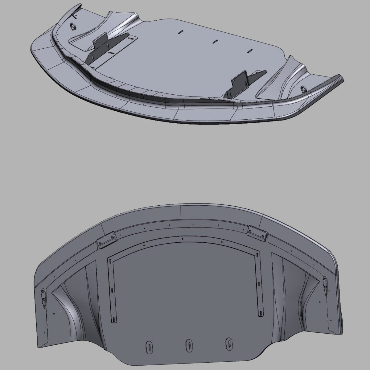 Top and underside CAD views of the Toyota GR Supra GT4+ tunneled front splitter with integrated diffuser tunnel