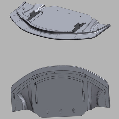 Top and underside CAD views of the Toyota GR Supra GT4+ tunneled front splitter with integrated diffuser tunnel