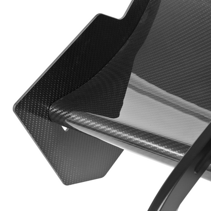 Close-up of the pre-preg carbon fiber mainplane and endplate on the Toyota Supra GT4+ rear wing