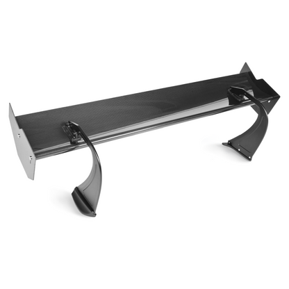 Assembled Toyota GR Supra GT4+ carbon fiber rear wing with swan-neck uprights, mounting bases and flat endplates