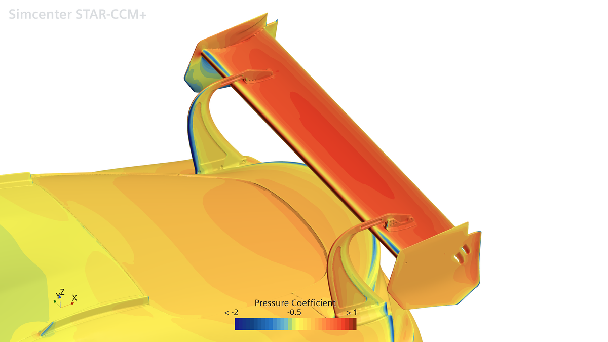 CFD pressure-coefficient visualization of the Toyota GR Supra GT4+ EVO rear wing with contoured 3D endplates