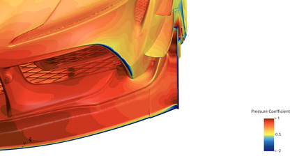 CFD pressure coefficient distribution around the Toyota GR Supra A90 GT4+ front bumper canards