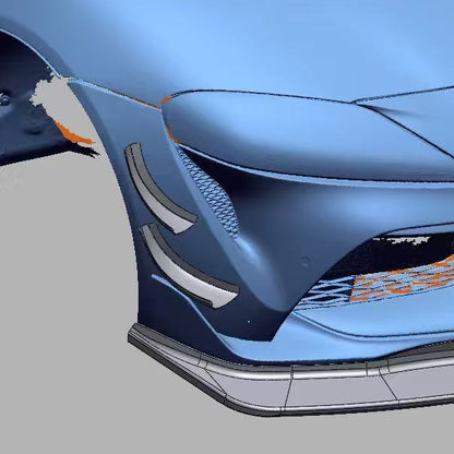 CAD rendering showing the side mounting positions of the GT4+ canards on a Toyota GR Supra front bumper