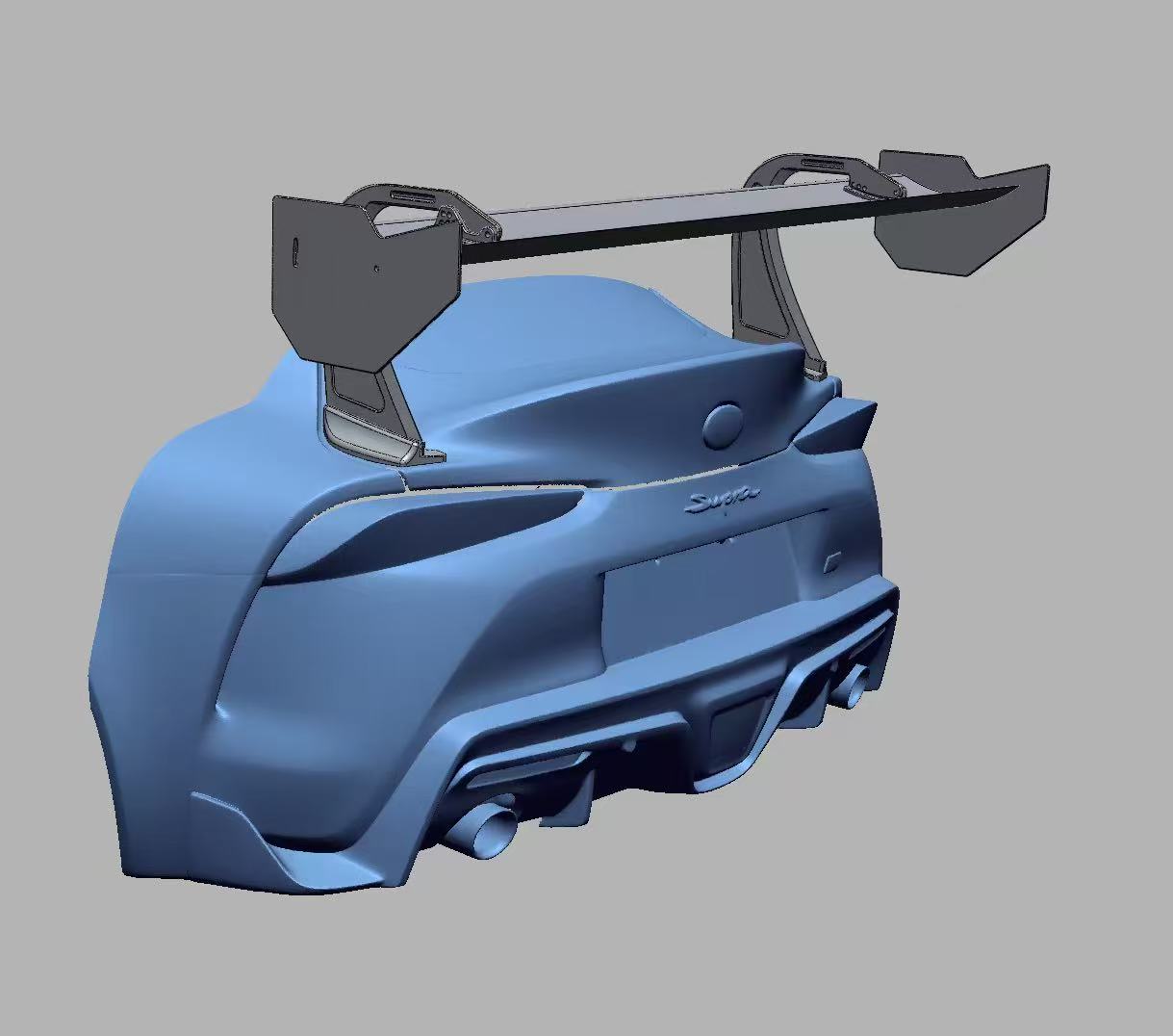 Opposite rear three-quarter engineering render showing the Toyota Supra GT4+ rear wing, uprights and endplates