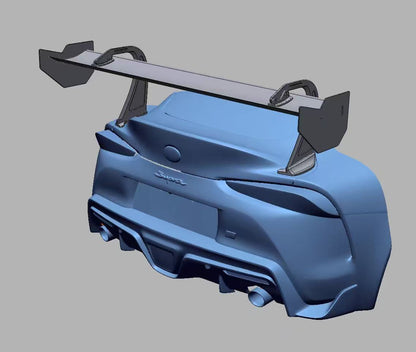 Rear three-quarter engineering render of the Toyota GR Supra with the GT4+ trunk-mounted rear wing