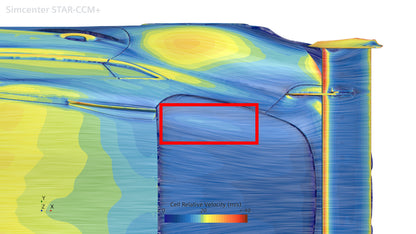 Top-view CFD visualization showing the GT4+ RS Roof Fin along the Toyota GR Supra roof centerline
