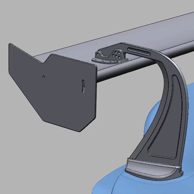 Engineering render showing the adjustable mainplane mount, swan-neck upright and flat endplate of the Toyota Supra GT4+ rear wing