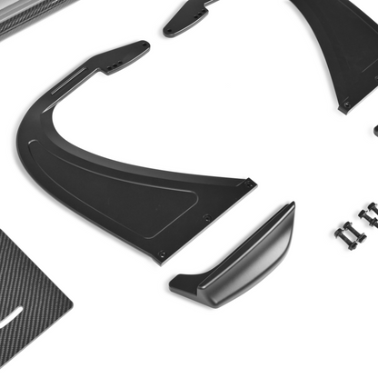 Close-up of the swan-neck upright and vehicle-specific trunk mounting base for the Toyota Supra GT4+ rear wing